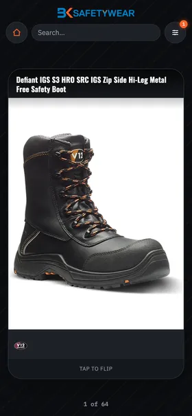 The BK Safetywear product finder showing a V12 Footwear safety boot, with brand logo, search and filters